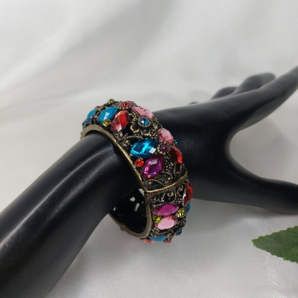 Chunky Multicolor Gemstone Bracelet Clamper Hinged Wide Statement Brass - Picture 8 of 8